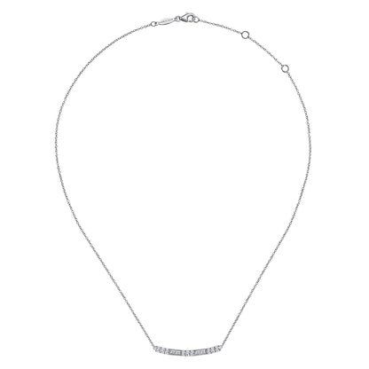 14K White Gold Round and Baguette Diamond Curved Bar Necklace