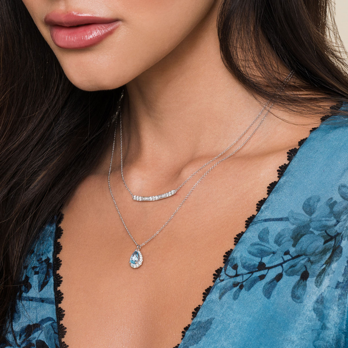 14K White Gold Round and Baguette Diamond Curved Bar Necklace