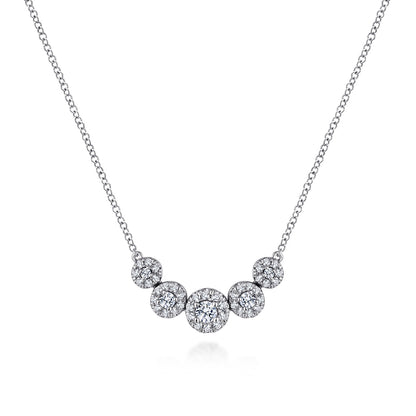 14K White Gold Round Diamond Halo Bar Necklace