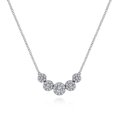 14K White Gold Round Diamond Halo Bar Necklace