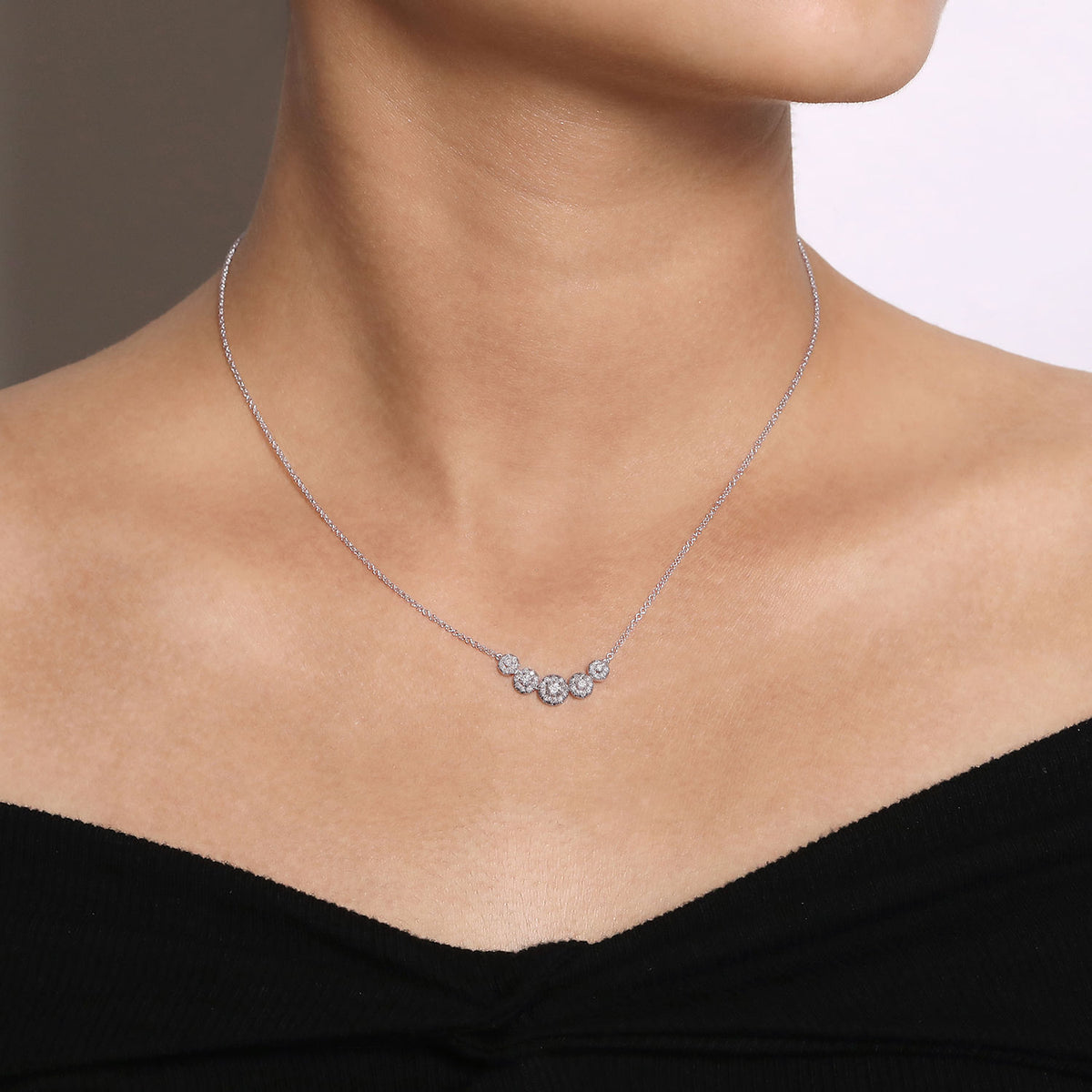 14K White Gold Round Diamond Halo Bar Necklace