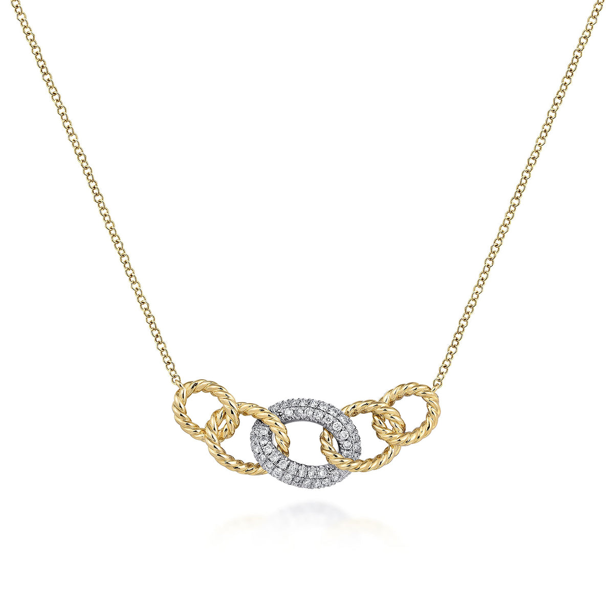 14K Yellow-White Gold Twisted Rope Link Necklace with Pavé Diamond Link Station