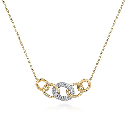 14K Yellow-White Gold Twisted Rope Link Necklace with Pavé Diamond Link Station