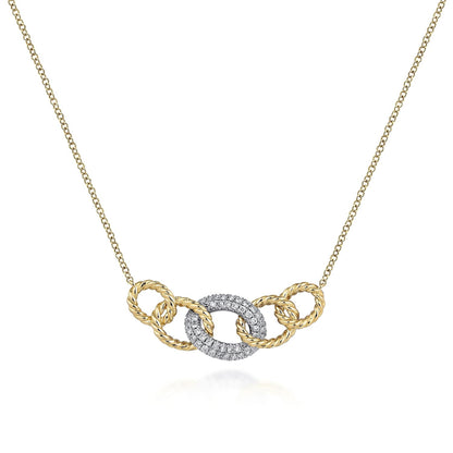 14K Yellow-White Gold Twisted Rope Link Necklace with Pavé Diamond Link Station
