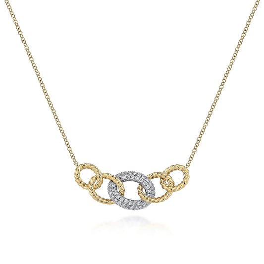 14K Yellow-White Gold Twisted Rope Link Necklace with Pavé Diamond Link Station