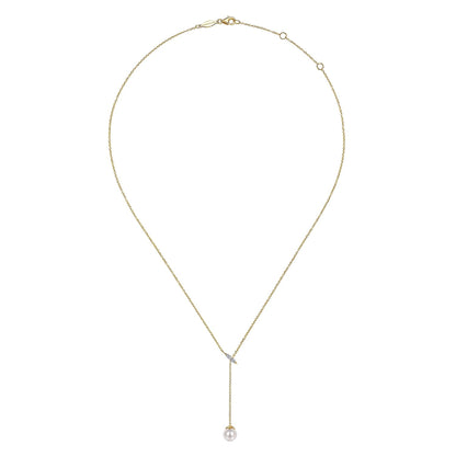14K Yellow Gold Diamond And Pearl Y Knot Necklace