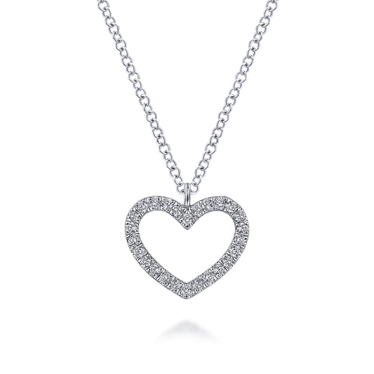 14K White Gold Open Heart Diamond Pendant Necklace