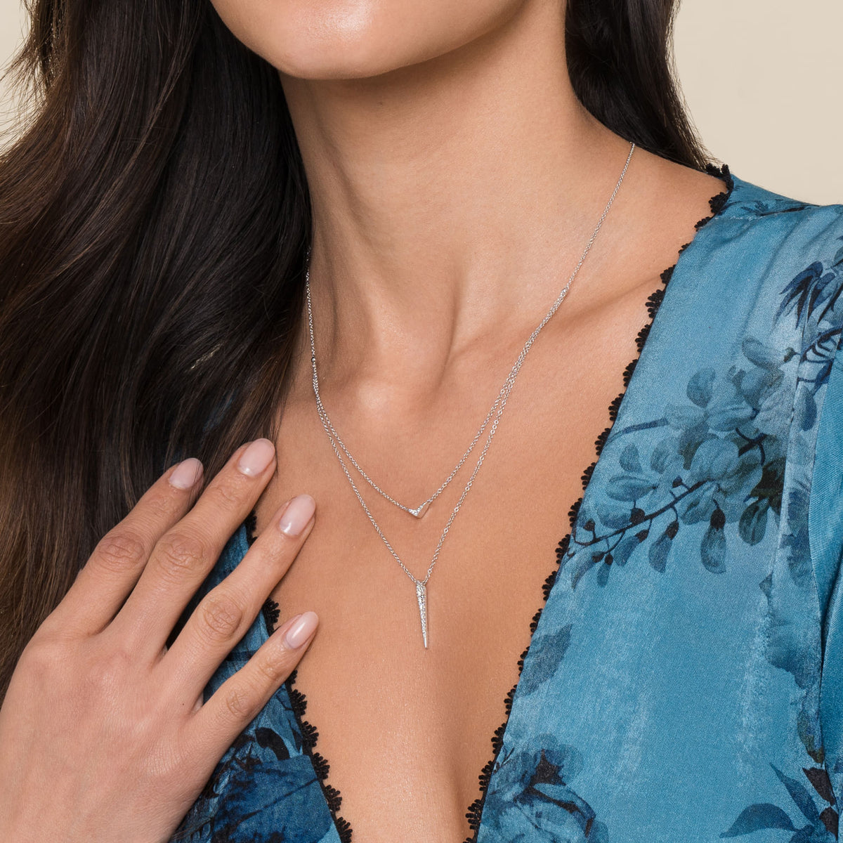 14K White Gold Layered Pavé Diamond Bar and Spike Pendant Necklace