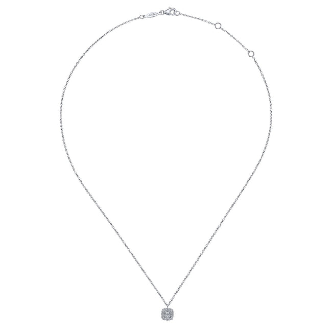14K White Gold Round Diamond Cushion Halo Pendant Necklace