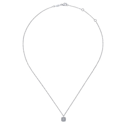 14K White Gold Round Diamond Cushion Halo Pendant Necklace