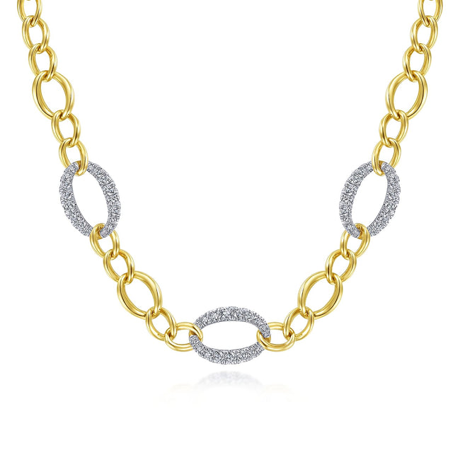 14K Yellow-White Gold Oval Chain Link Necklace with Diamond Pavé