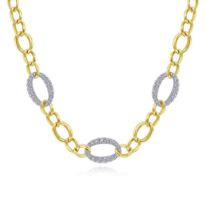 14K Yellow-White Gold Oval Chain Link Necklace with Diamond Pavé