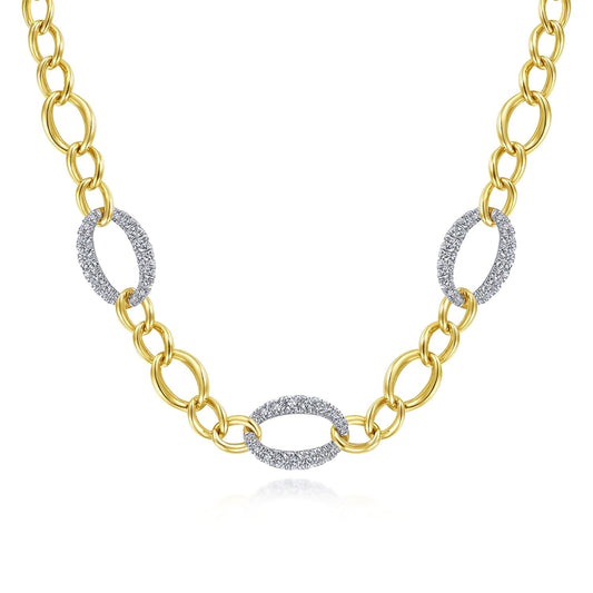 14K Yellow-White Gold Oval Chain Link Necklace with Diamond Pavé