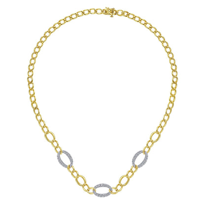 14K Yellow-White Gold Oval Chain Link Necklace with Diamond Pavé