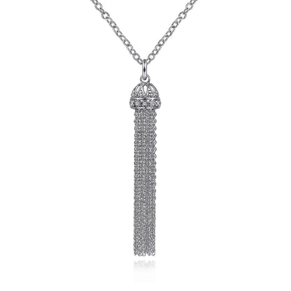 30 inch 925 Sterling Silver Chain Tassel Necklace with White Sapphire Filigree Cap