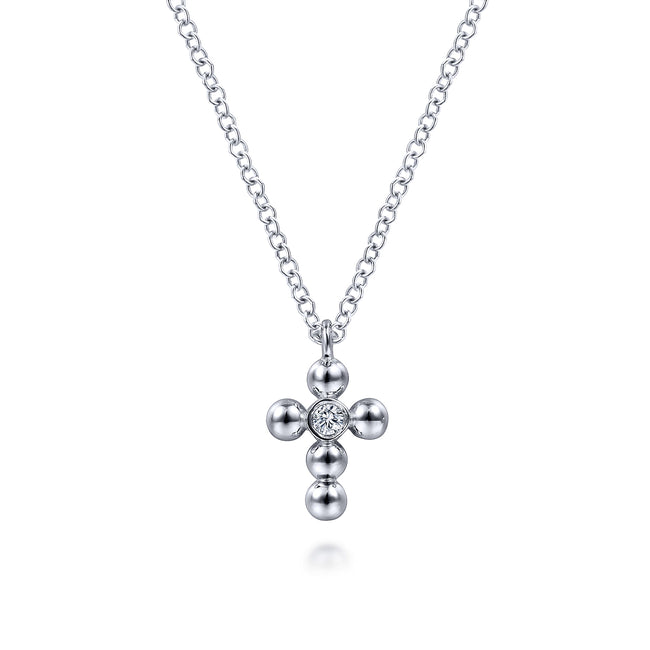 925 Sterling Silver Diamond and Bujukan Bead Cross Necklace
