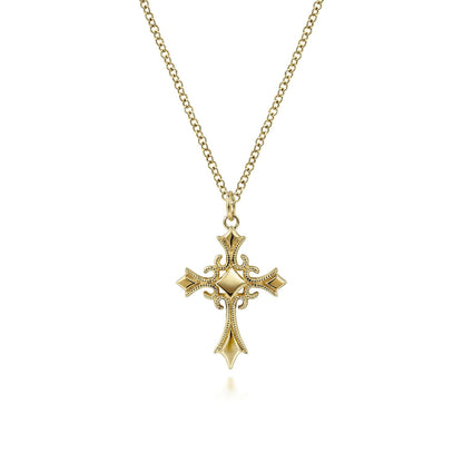 14K Yellow Gold Vintage Inspired Cross Pendant Necklace