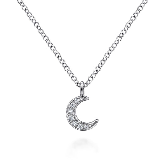 14K White Gold Diamond Pavé Crescent Moon Pendant Necklace