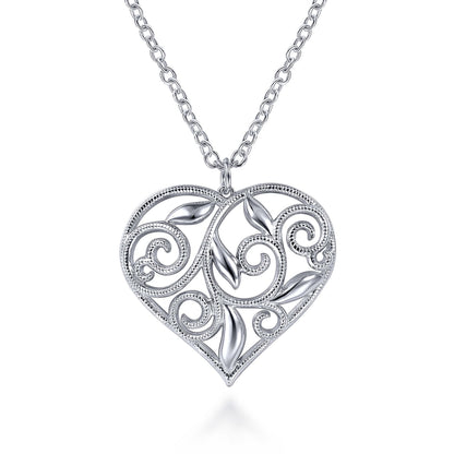 30 inch 925 Sterling Silver Floral Inlay Heart Pendant Necklace