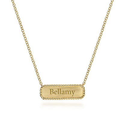 14K Yellow Gold Rectangular ID Pendant Necklace with Twisted Rope Frame