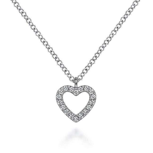 14K White Gold Open Heart Diamond Pendant Necklace