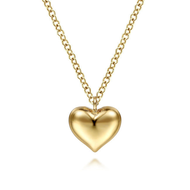 14K Yellow Gold Puff Heart Pendant Necklace