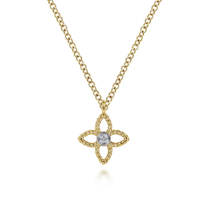 14K Yellow-White Gold Twisted Rope Quatrefoil Pendant Necklace with Diamond Center