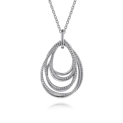 925 Sterling Silver Multi Row of Rope Teardrop Pendant Necklace