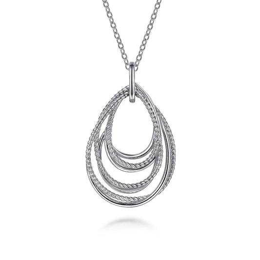 925 Sterling Silver Multi Row of Rope Teardrop Pendant Necklace