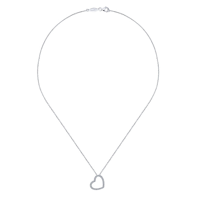 18 inch Tilted 14K White Gold Open Heart Diamond Pendant Necklace
