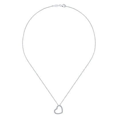 18 inch Tilted 14K White Gold Open Heart Diamond Pendant Necklace