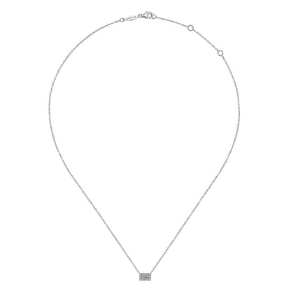 14K White Gold Baguette and Round Halo Rectangular Diamond Pendant Necklace