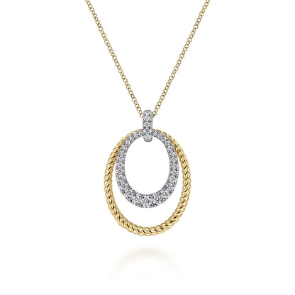 14K White-Yellow Gold Oval Twisted Rope and Pavé Diamond Pendant Necklace