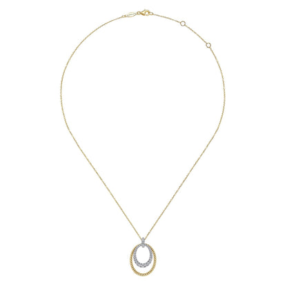 14K White-Yellow Gold Oval Twisted Rope and Pavé Diamond Pendant Necklace