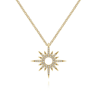 14K Yellow Gold Diamond Spike Starburst Pendant Diamond Necklace