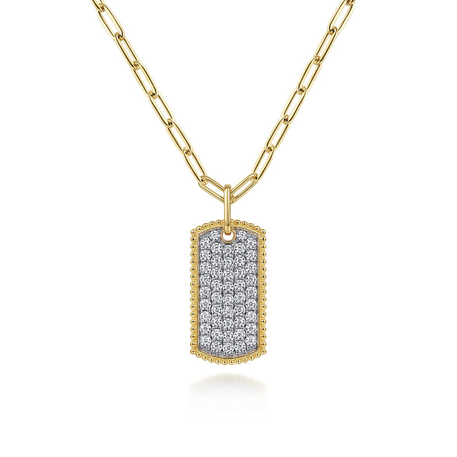 14K Yellow Gold Diamond Pavé Dog Tag Pendant Hollow Chain Necklace