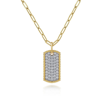 14K Yellow Gold Diamond Pavé Dog Tag Pendant Hollow Chain Necklace
