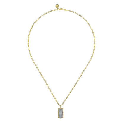 14K Yellow Gold Diamond Pavé Dog Tag Pendant Hollow Chain Necklace