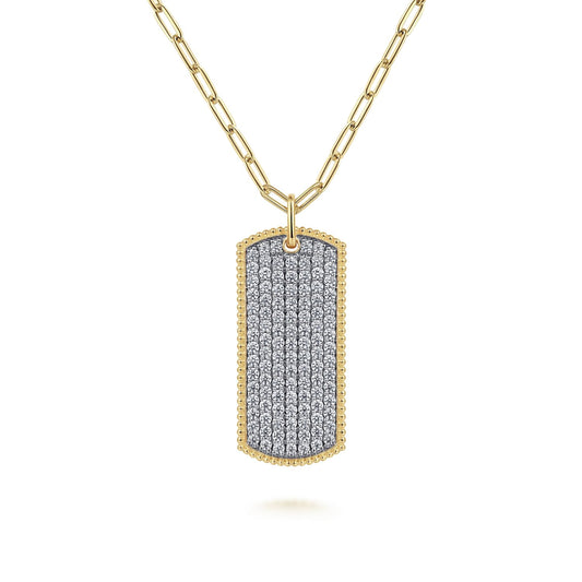 14K Yellow Gold Diamond Pavé Dog Tag Pendant Hollow Chain Necklace