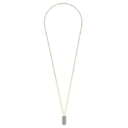 14K Yellow Gold Diamond Pavé Dog Tag Pendant Hollow Chain Necklace