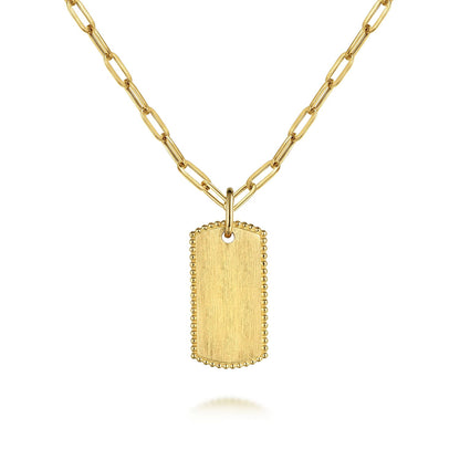 14K Yellow Gold Dog Tag Pendant Hollow Chain Necklace