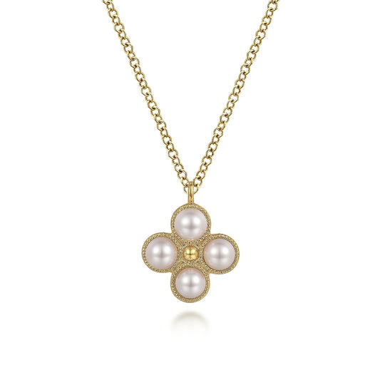 14K Yellow Gold Pearl Clover Pendant Necklace
