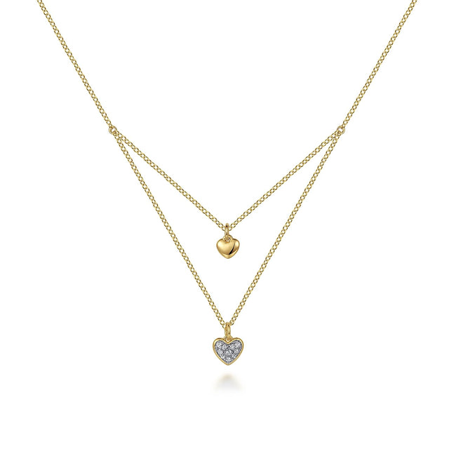 14K Yellow Gold Diamond Double Heart Pendant Necklace