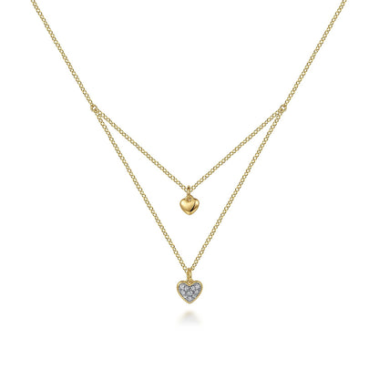 14K Yellow Gold Diamond Double Heart Pendant Necklace