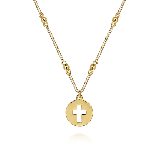 14K Yellow Gold Cross Cutout Pendant Necklace
