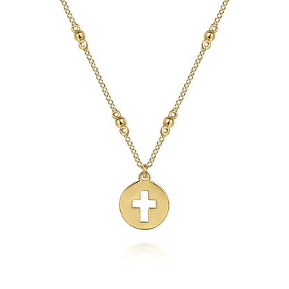 14K Yellow Gold Cross Cutout Pendant Necklace