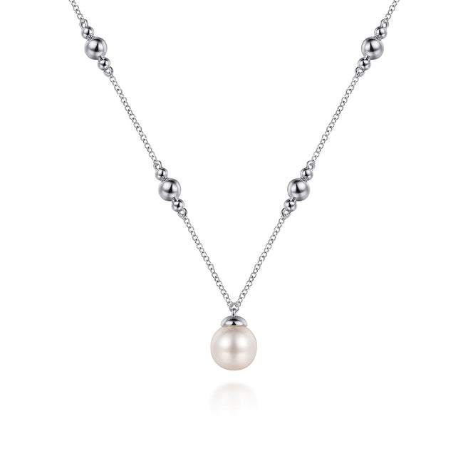 925 Sterling Silver Pearl and Bujukan Beads Station Necklace