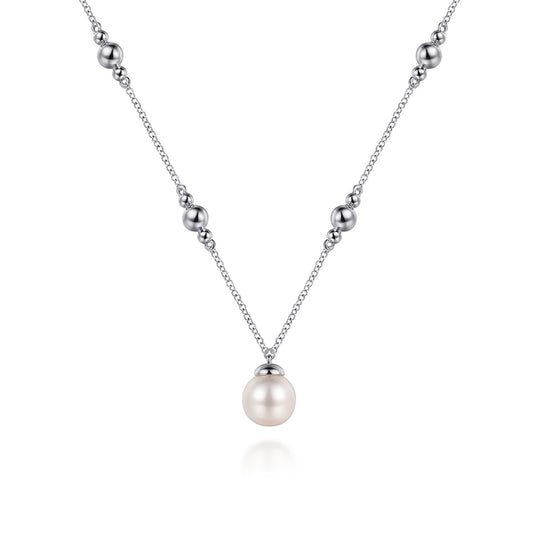 925 Sterling Silver Pearl and Bujukan Beads Station Necklace