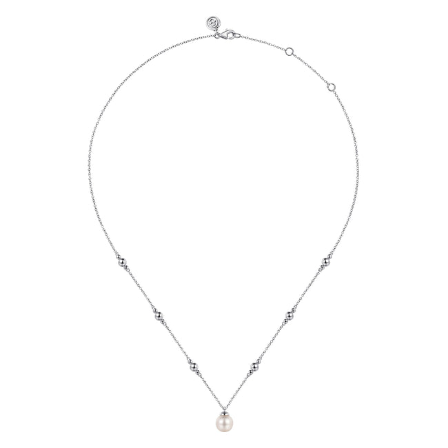 925 Sterling Silver Pearl and Bujukan Beads Station Necklace