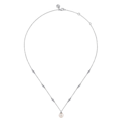 925 Sterling Silver Pearl and Bujukan Beads Station Necklace